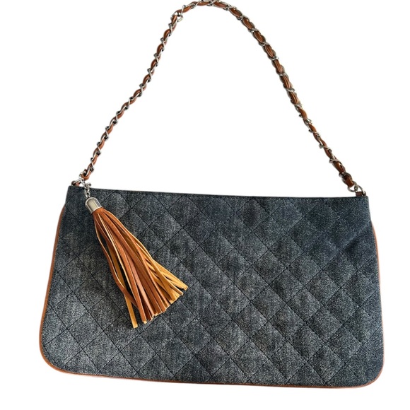 Chicos Genuine Suede Quilted Tassel Chain Strap Clutch Shoulder Bag - Picture 1 of 10
